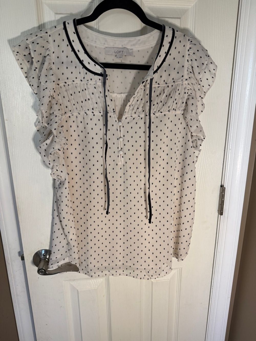 LOFT Cream Blouse with Black Dot Trim and Tie Neck